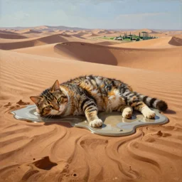 an untradetailed oil painting of a melting cat lying on flowing desert, landscape with dunes and oasis far away, hyper realistic, magic, fantasy, by salvador dali