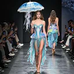 a model wearing a jellyfish dress walking the catwalk holding a jellyfish umbrella by anny leibovitz, greg rutkowski, paolo roversi, ( ( ( mucha ) ) ) ( ( ( iris van herpen ) ) ), low shot