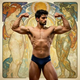 angel avan jogia in a speedo flexing his muscles, abstract background, alphonse mucha, rhads, ross tran, artstation, artgerm, octane render, 1 6 k