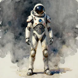 male, full body, modern space suit, intriguing helmet, very stylized character design, the expanse tv series, large shoulders, short torso, long thin legs, tiny feet, science fiction, hyperdetailed, technical suit, dieselpunk, watercolor digital painting, in the style of mike mignola, by alex maleev