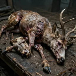 coming closer, i open the body and see a half - dead creature, a mixture of a predatory deer with humanoid limbs. there are a lot of fractures and injuries on the body, samon is twisted and literally nailed to the platform, fear close - up fear, stalker, wasteland, death