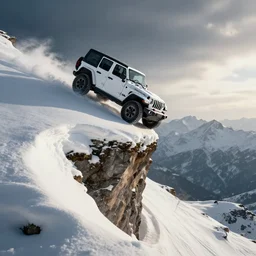 white jeep wrangler driving up steep snowy mountain on edge of a cornice, high quality digital art, dramatic lighting, cinematic