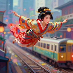 semi semi realistic digital painting!! beautiful geisha flying over a colorful train yard, dramatic, xray melting colors!! long lens, shallow depth of field, bokeh, 8 k, 3 5 mm film grain