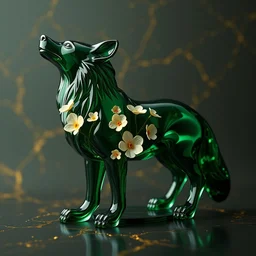 transparent dark green glass sculpture of a wolf growing flowers on its body. delicate veins of gold in the background. photorealistic. hyper - realistic. extremely detailed. 4 k. volumetric lighting. cycles render. ray tracing.