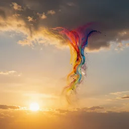 panorama photograph of the sun leaking paint into the sky, turning into colorful rain, photorealistic, golden hour, 8 k
