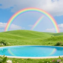 photo of dreamy green empty hill with swimming pool, rainbows voids blooming in the blue cloudy sky