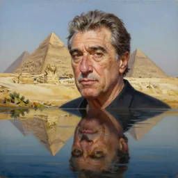 portrait oil painting of the reflection silhouette of robert de niro in the nilo river, egypcian, pyramids, nilo river, water reflections, ultra realistic, intricate details, luminous skies, highly detailed, michael cheval, peter mohrbacher, boris vallejo, jessica rossier, oil painting, highly detailed, cinematic lighting