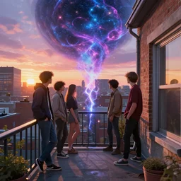 hip teenagers conjure the multiversal portal rift from their rooftop porch in montreal, digital art, stunning detail, sunrise