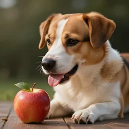 dog talking with an apple, cinematic lighting, hypperrealistic illustration, high detailed