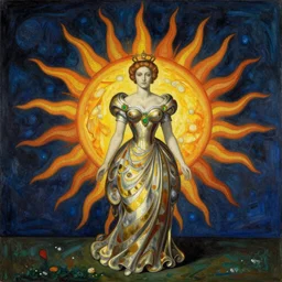 queen of the sun by zdzisław beksinski, iris van herpen, jean delville, james jean, visionary, symbolist