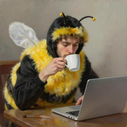 tired man in a bumblebee costume drinks coffee in front of a laptop, highly detailed, masterpiece, alla prima, oil on canvas