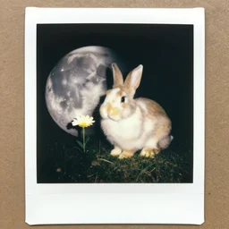 Polaroid photo of a bunny and a flower on the moon, high contrast, rich colors