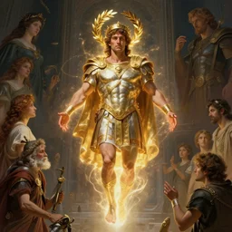 futuristic sci - fi ancient roman steve buscemi wearing a golden olive branch wreath of power on his head levitating and glowing with power, trending on artstation, intricate, elegant, highly detailed, digital painting, artstation, concept art, smooth, sharp focus, illustration, art by artgerm and greg rutkowski and alphonse mucha, art by anders zorn, wonderful masterpiece by greg rutkowski, beautiful cinematic light, american romanticism by greg manchess, jessica rossier and norman rockwell