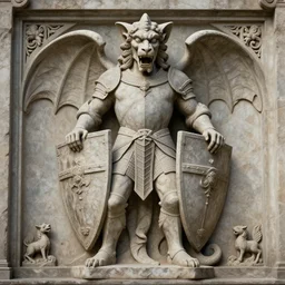 a detailed full body portrait gargoyle guardian in stone, knight, relief statue, holding shield, symmetry, symmetrical, by greg rutkowski and justin gerard, digital art, monstrous, art nouveau, baroque style, realistic painting, very detailed, fantasy, dnd, character design, trending on artstation