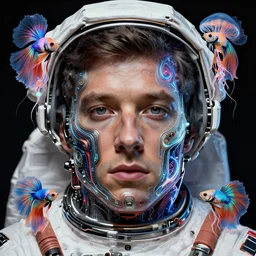 full shot of a beautiful venus john f kennedy astronaut defined facial features, intricate abstract. cyberpunk, symmetrical facial features. biomechanics. betta fish, jellyfish phoenix, bio luminescent, plasma, by ruan jia and artgerm and range murata and wlop and ross tran and william - adolphe bouguereau and beeple. in the style of jin kagetsu, james jean and wlop, key art. fantasy illustration. award winning, artstation, intricate details, realistic, hyperdetailed, 8 k resolution.
