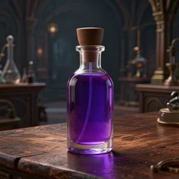hyper realistic poison bottle, purple liquid inside on a wood table. the bottle is design like a perfume bottle. background is a dark ancient laboratory complex architecture wood and stone. professional digital art, dnd style, ultra detailed, trending on artstation, concept art, octane render, unreal engine 5, 8 k rendering.