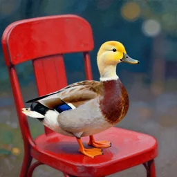 duck sitting on a red chair, bokeh, cinema, art, gouache