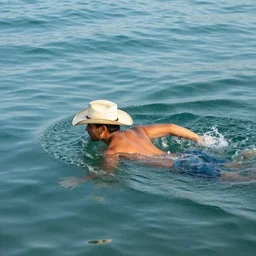 a cowboy swimming in the ocean