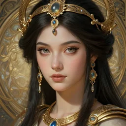 Jaina Proudmoore as a Greek Goddess, beautiful detailed eyes, cute, fantasy, intricate, elegant, highly detailed, digital painting, 4k, HDR, concept art, detailed jewelry, smooth, sharp focus, illustration, art by Artgerm, H R Giger and Alphonse Mucha