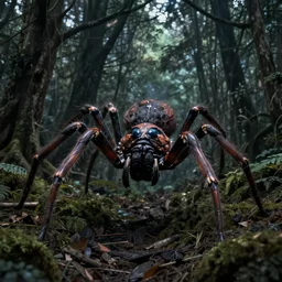 huge spider monster in a dark forest, creeping from behind, dark fantasy, 4k, highly detailed, wallpaper, trending on ArtStation, prints available