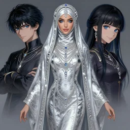 a full body beautiful woman rym amari wearing a hijab made of silver with jewelry and diamonds by karol bak, ayami kojima, artgerm, sakimichan, arabian beauty, blue eyes, smile, concept art, fantasy