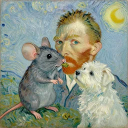 realist portrait, mouse and white dog smoking weed, oil on canvas by vincent van gogh