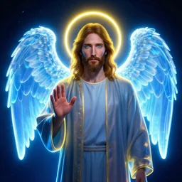 vitalik buterin displayed as jesus, halo above his head and angel wings. neon glow around him. colors blue and yellow