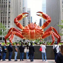a giant crab statue being built in new york city, with people admiring around. 1 9 3 2