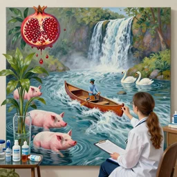 pathology student in her apartment, a river flooding inside, medical supplies, pigs, plants in glass vase, pork, water, river, rapids, canoe, pomegranate, berries dripping, waterfall, swans, acrylic on canvas, surrealist, by magritte and monet