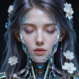 stunning hyperdetailed upclose symmetrical portrait of tom cruise as a cyborg girl with translucent porcelain skin, eyes closed, lush thick hair, big electric eyes, ultra detailed ornate neon wire lacing, ultra detailed steampunk cyborg implants, complex white nano mechanical flowers, micro detail, by satoshi kon, sharp focus, trending on artstation hq, deviantart, pinterest, 8 k