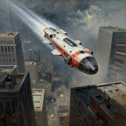 spaceship soaring between skyscrapers at great speed, highly detailed painting by rembrandt, dramatic scene
