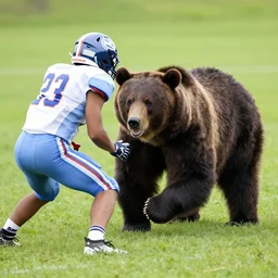 a bear is playing football on the field.