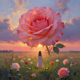 giant rose as a head, girl standing in a flower field, surreal photography, sunrise dramatic light, impressionist painting, colorful clouds, digital painting, artstation, simon stalenhag