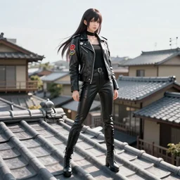 anime girl dressed in a leather jacket with multi - colored badges is standing on the roof of a japanese house with a pink bass guitar in her hands against the background of a sunset, rear view, notes are flying overhead, comic