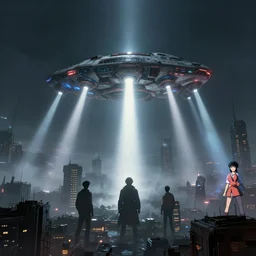 a scifi spacecraft appears out of the mist above a cyberpunk City, volumetric search lights, cinematic lighting, epic composition, rule of thirds, the fifth Element, tekkon kinkreet, akira, rendered by simon stålenhag, rendered by Beeple, Makoto Shinkai, syd meade, environment concept, digital art, starwars, raphael lacoste, eddie mendoza, alex ross, concept art, cinematic lighting, , unreal engine, 3  point perspective, WLOP, trending on artstation, low level, 4K UHD image, octane render,