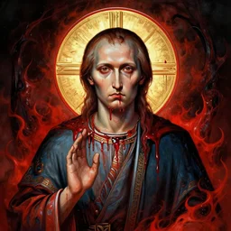 yeltsin on an icon with a halo of blood, scary icon in hellish style, scary color art in 4 k