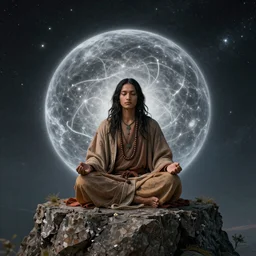 The shaman meditating on a cliff at the age of space an time freeing his mind anamorphic supraliminal optical illusion 4k
