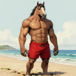 a male horse humanoid stansing on the beach,wearing red shorts,anthropomorphic,Character design by charlie bowater, ross tran, artgerm, and makoto shinkai, detailed, inked, western comic book art, 2021 award winning painting,digital art,ultra realistic,ultra detailed,art by greg rutkowski,muscular,detailed face,hyperdetailed,hyperrealistic,detailed face,photorealistic,realistic,4k,SFW