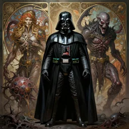 side shot of platonic ideal of darth vader, niander wallace, malignant dieselpunk and god complex dementor wild hunt chtulu nazgul mandelbulb davinci, frank frazetta, fantasy, ego death, detailed, intricate, volumetric lighting, hyperrealism, intense, scary, decay, artgerm, greg rutkowski, alphonse mucha