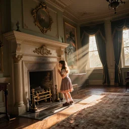 an interior photograph of a young girl looking surprised as she discovers a secret passage behind a fireplace in an old victorian mansion, wide angle, 2 4 mm, dutch angle!!, highly detailed, hyper detailed, flickr, 5 0 0 px, behance, fujifilm x series, fuji velvia, morning light, sunrise, cinematic lighting, fantasy, adventure, mystery, light shafts, god rays