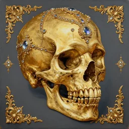 baroque ornate gothic gold skull painting covered in jewels