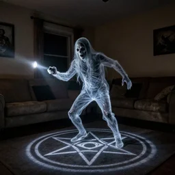 transparent horror demon spirit attacks in living room with summoning circle pentacle out interior photos shot on iphone, dynamic pose, full body shot, sharp focus, grainy, corpse, paranormal flashlight, deep night,,