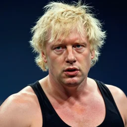 film still close - up shot of boris johnson as a wrestler from the movie monty python's the meaning of life. photographic, photography