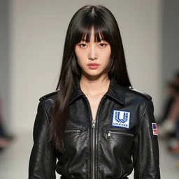 ektachrome, youthful asian demure, exquisite features, feminine cut, frontiers in flight leather ukranian drone pilot suit unilever logo, lisa tesch fashion shoot