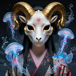 3 d goddess close - up frontal portrait with ram golden skull. beautiful intricately detailed japanese fractal jellyfish kitsune mask and clasical japanese kimono. betta fish, jellyfish fractal, bio luminescent, plasma, ice, water, wind, creature, mandelbulb, fractal, artwork by tooth wu and wlop and beeple and greg rutkowski