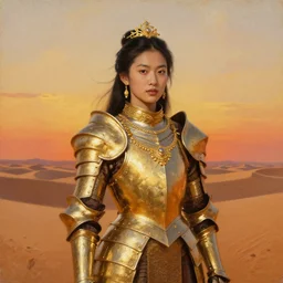 asian dejah thoris on mars wearing detailed plate armor made of gold, portrait, blazing sunset, gold jewelry, elegant small tiara, giant sand dunes to the horizon, fantasy, painterly, oil painting on canvas, by sargent