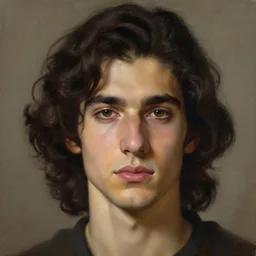 portrait of a young italian male, dark shoulder length curly hair, closeup portrait, elegant, highly detailed, oil painting, artstation, concept art, matte, sharp focus, illustration, hearthstone, art by earl norem