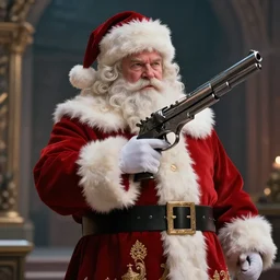 the gun of santa claus, cinematic still, hbo, 4 k, fantasy concept art, kieran belshaw
