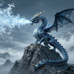 a dragon breathing ice on the top of a mountain, epic composition, detailed and intricate image, cinematic, 4 k