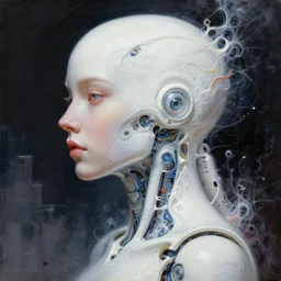 a beautifull white cast futuristic biomechanical humanoid woman side portrait with pretty face in intricate detailed color smashing fluid oilpaint, melting wax, thin fractal tendrils, futuristic digital painting, cyberpunk, 8 k, hyper detailed, octane render, concept art, by peter mohrbacher, by wlop, by ruan jia,